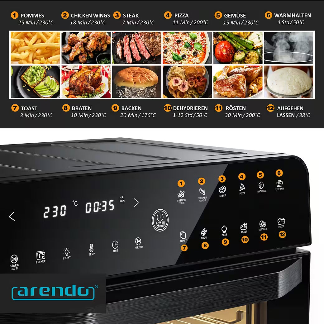 ARENDO Minibackofen Heißluftfritteuse 25 L Edelstahl, Multifunktionsofen, Airfryer 1800 W