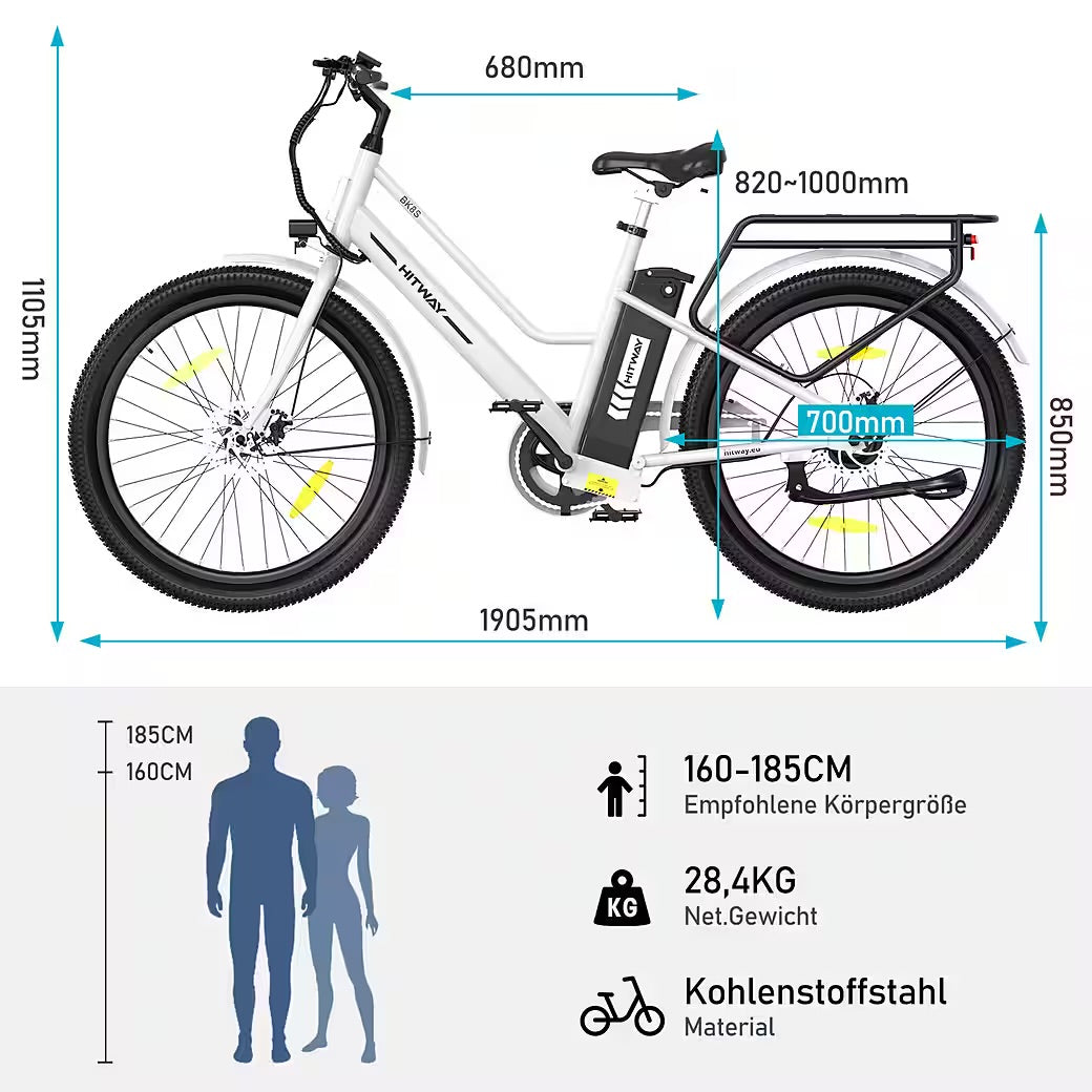 E-Bike Cityrad 27,5 Zoll Elektrofahrrad für Damen Herren, Pedelec mit 36V 13Ah Akku