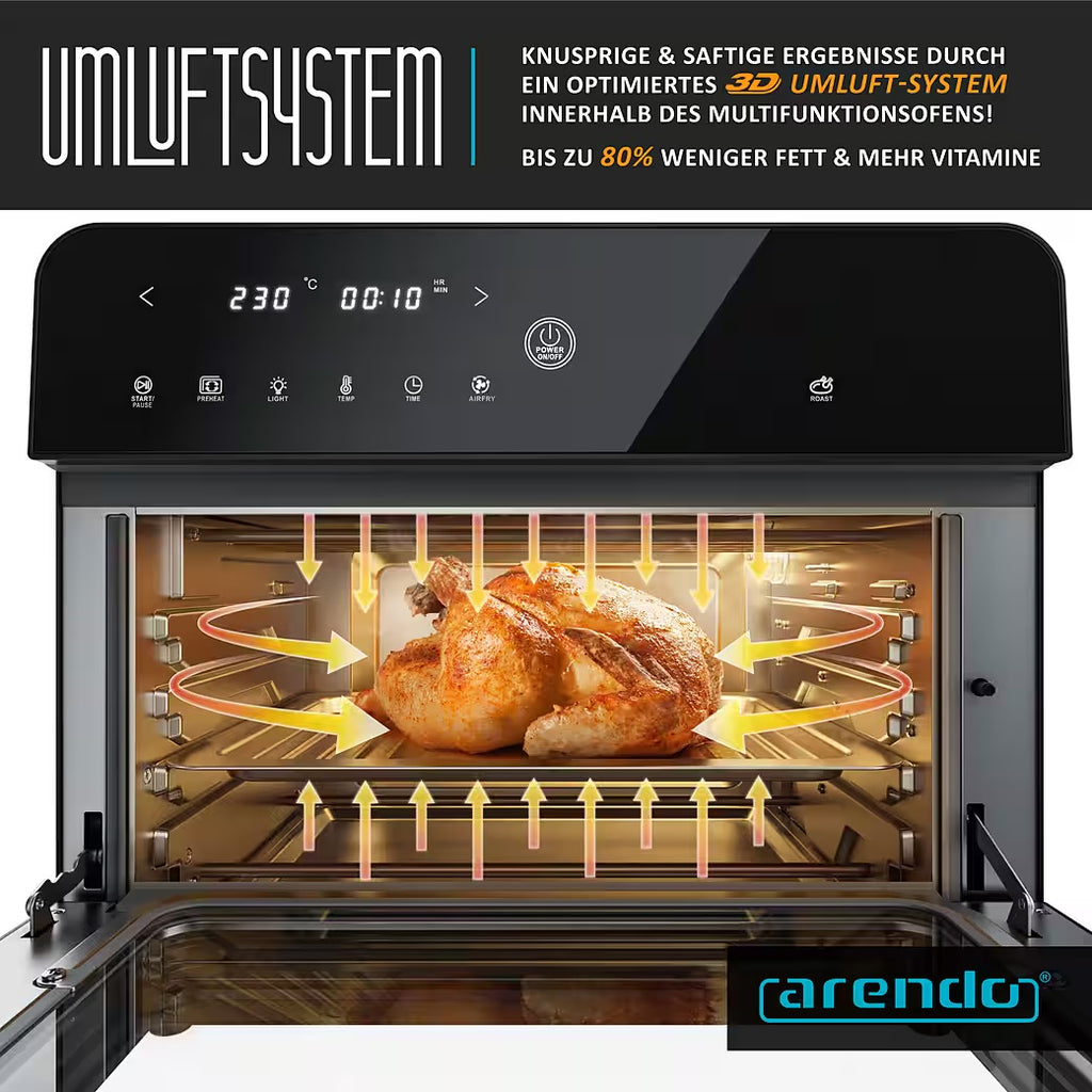 ARENDO Minibackofen Heißluftfritteuse 25 L Edelstahl, Multifunktionsofen, Airfryer 1800 W