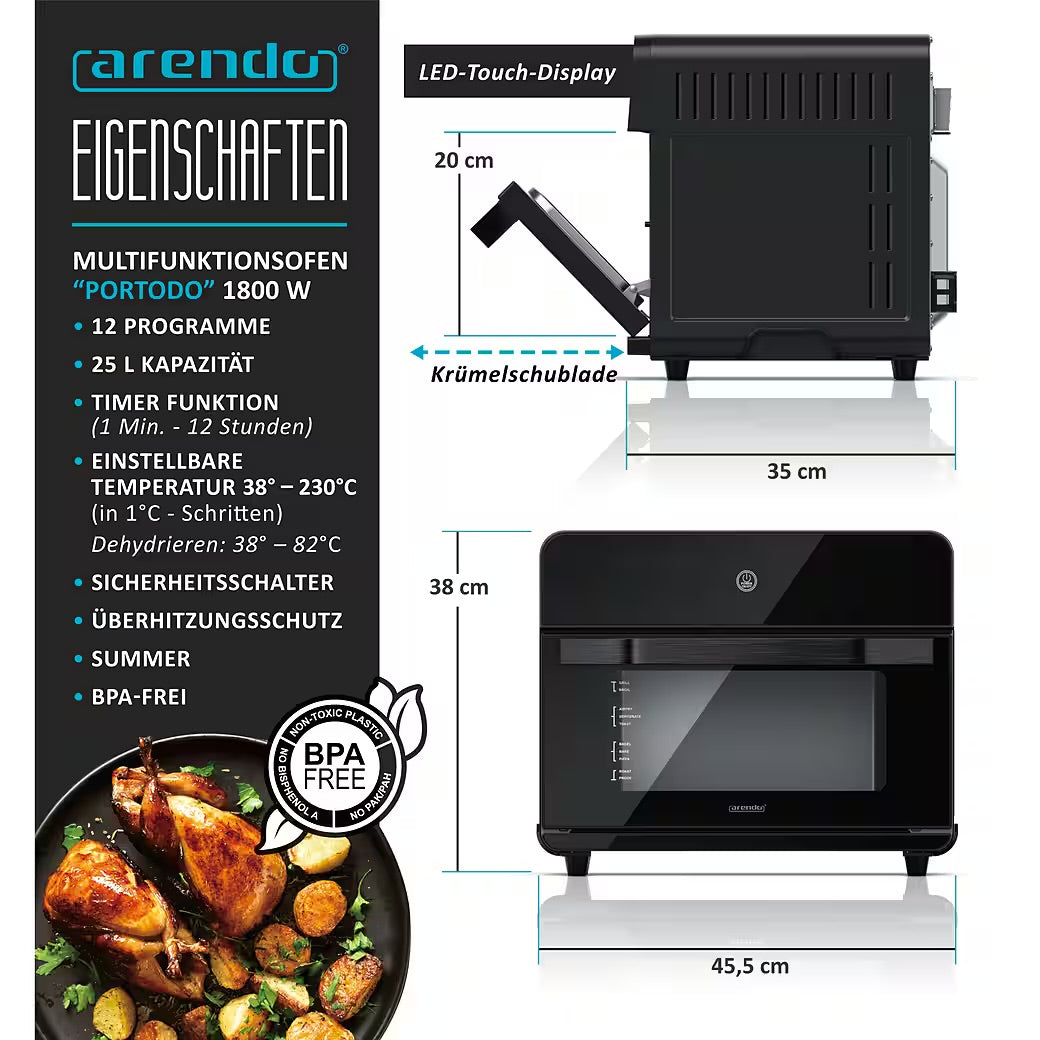 ARENDO Minibackofen Heißluftfritteuse 25 L Edelstahl, Multifunktionsofen, Airfryer 1800 W