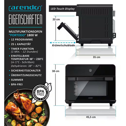 ARENDO Minibackofen Heißluftfritteuse 25 L Edelstahl, Multifunktionsofen, Airfryer 1800 W